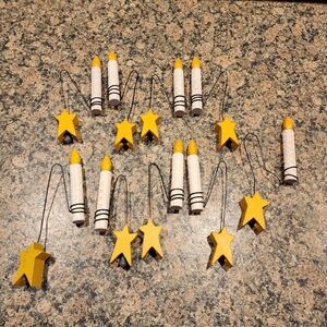 Bent Wire Wooden Candle And Star Folk Art Ornaments, Set Of 9